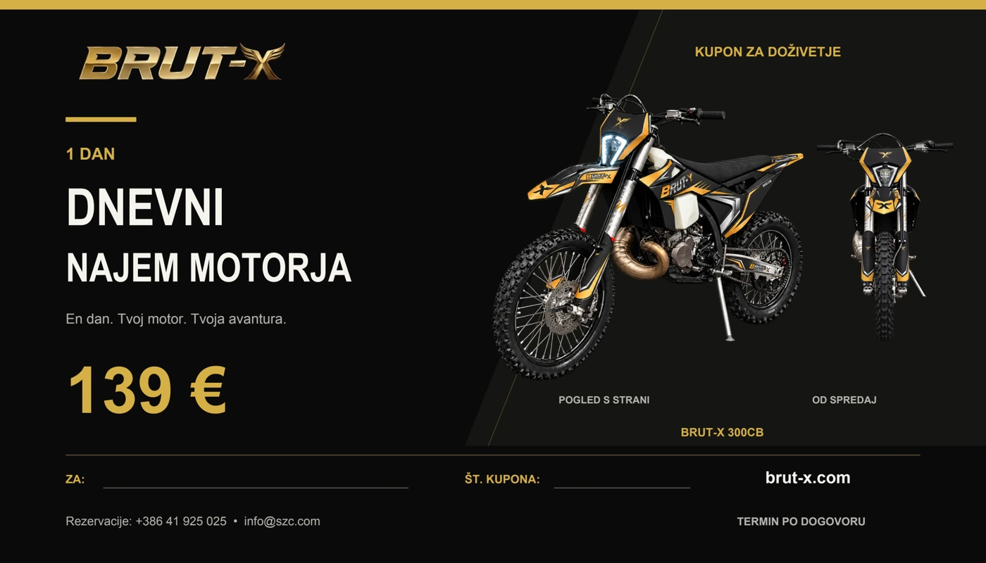 Dnevni najem motorja: 139 €; BRUT-X s strani in od spredaj