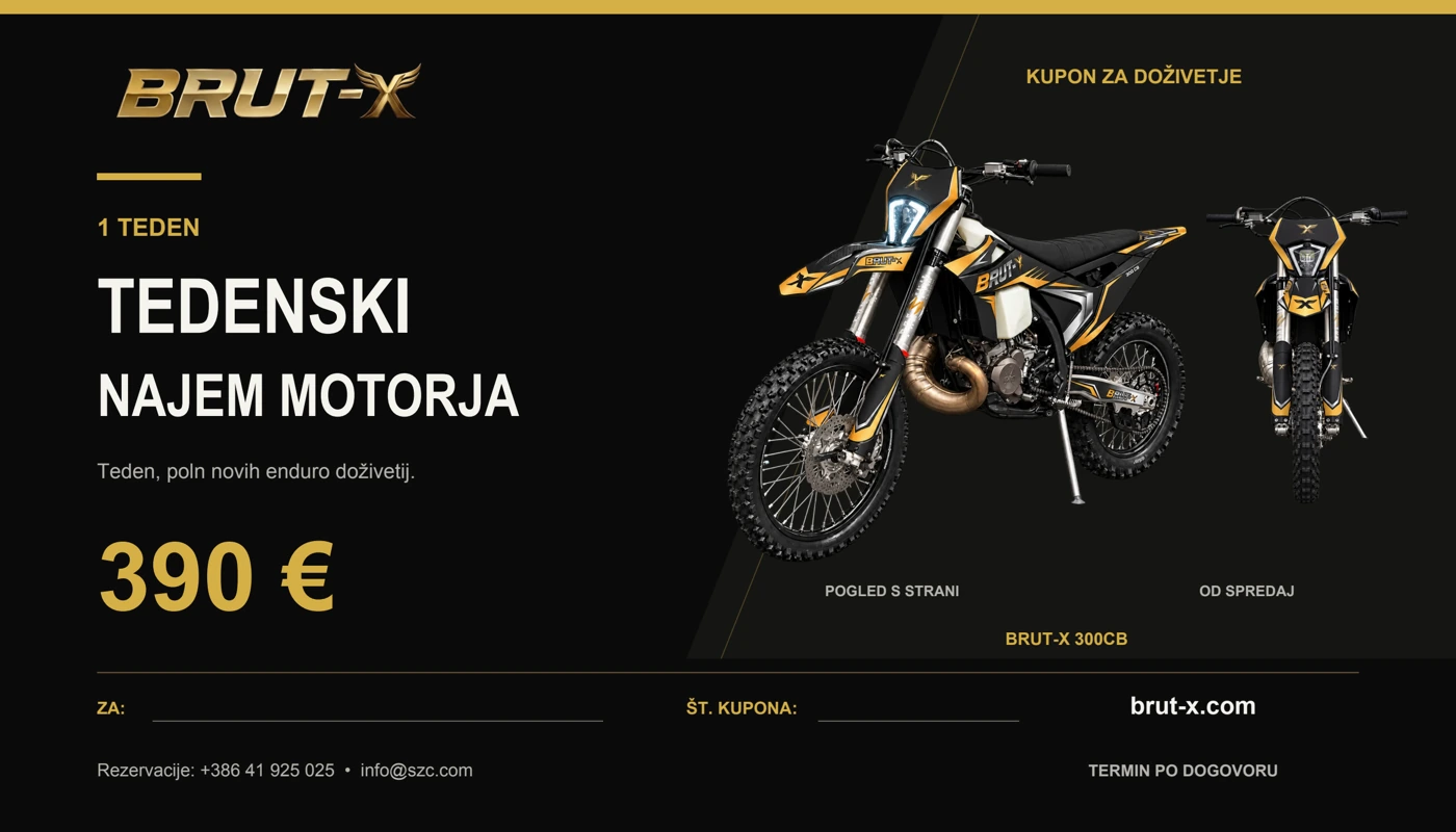 Tedenski najem motorja: 390 €; BRUT-X s strani in od spredaj